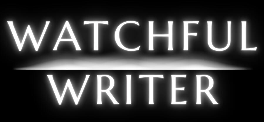 The logo for Watchful Writer, which consists of neon white words on a black background with the word Watchful aligned vertically on top of Writer, with a tear like graphic between them.
